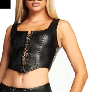 I AM GIA REMA TOP | black pleather front lace up corset